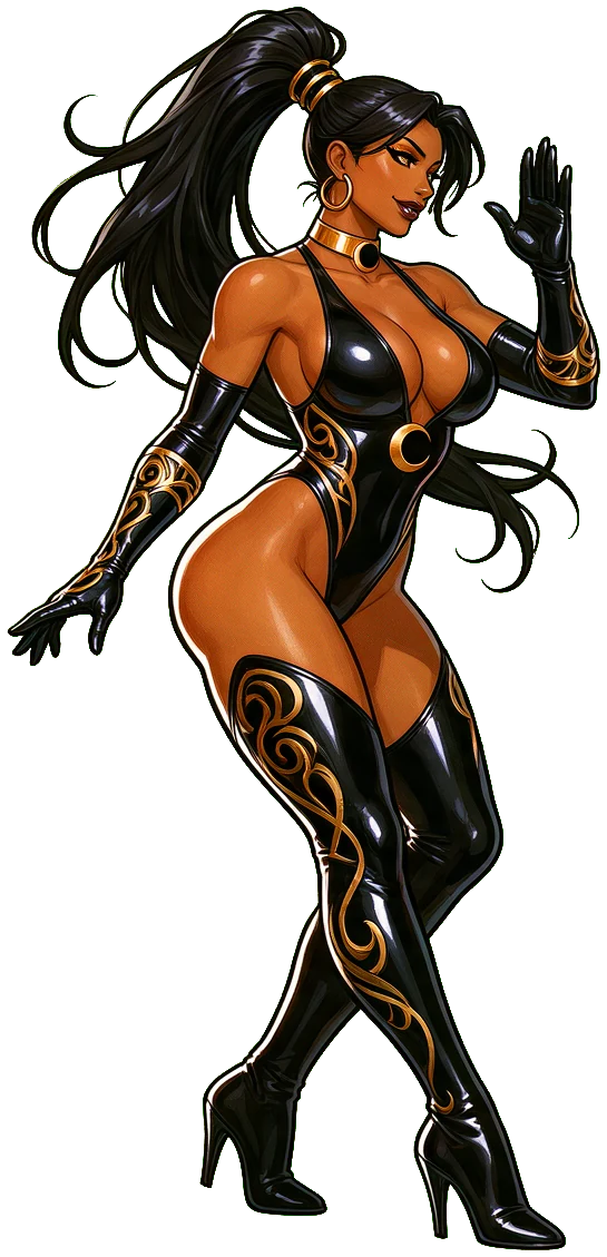 Nyx, asesina de capoeira con traje negro y remolinos dorados, lista para atacar.