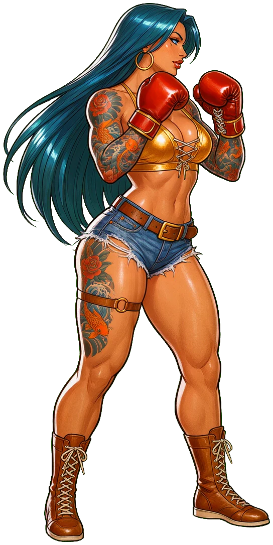 Teal, boxeadora de pelo turquesa con guantes rojos y los brazos tatuados, en guardia.