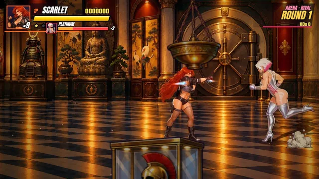 Captura del juego: Scarlet contra Platinum en un salón dorado, en el modo ARENA.