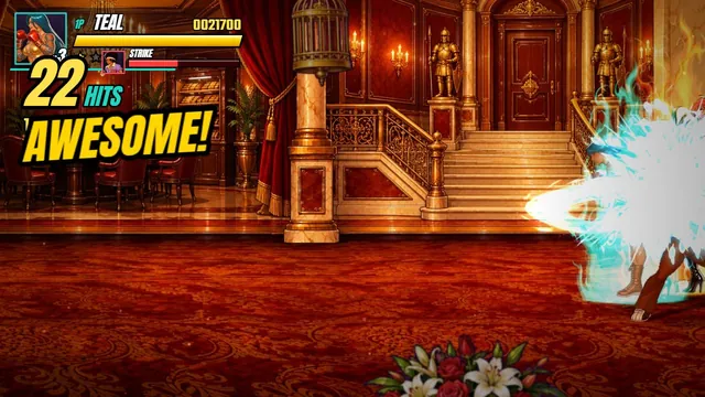 Captura del juego: Teal encadena 22 golpes con el cartel AWESOME! en un salón rojo.