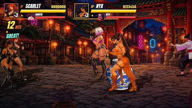 Captura del juego: Scarlet y Nyx pelean en co-op en el Barrio Chino, combo de 12 golpes.