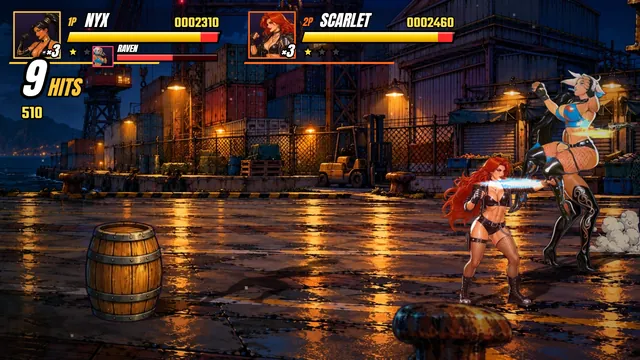 Captura del juego: Nyx y Scarlet pelean en co-op contra enemigas en el puerto mojado de noche, contador de 9 golpes.