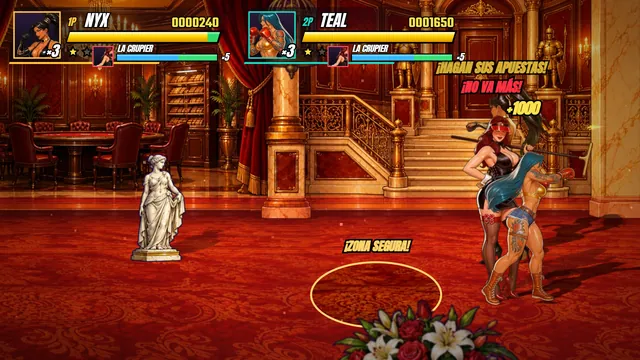 Captura del juego: Nyx y Teal contra La Crupier en el casino, con la zona segura marcada en la alfombra.