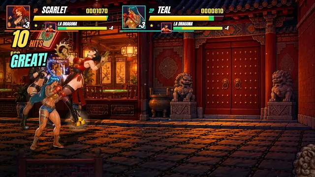 Captura del juego: Scarlet y Teal contra La Dragona y sus aros de fuego en el Barrio Chino, combo GREAT!.