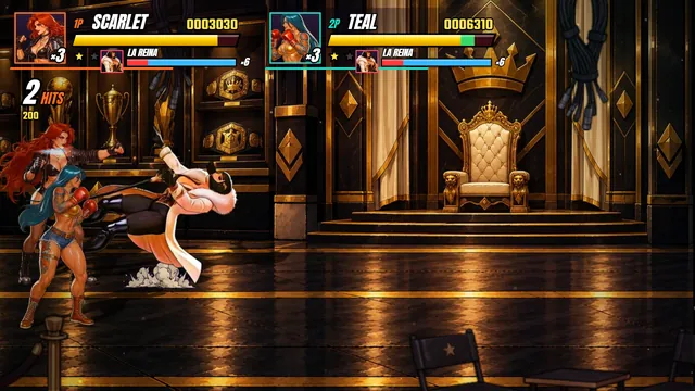 Captura del juego: Scarlet y Teal mandan a volar a La Reina en el salón dorado de su arena, junto al trono.