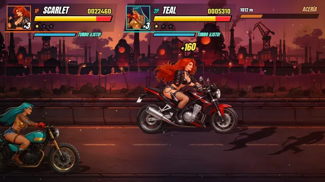 Captura del juego: Scarlet y Teal en moto por la ruta a la acería al atardecer (etapa 13-2).
