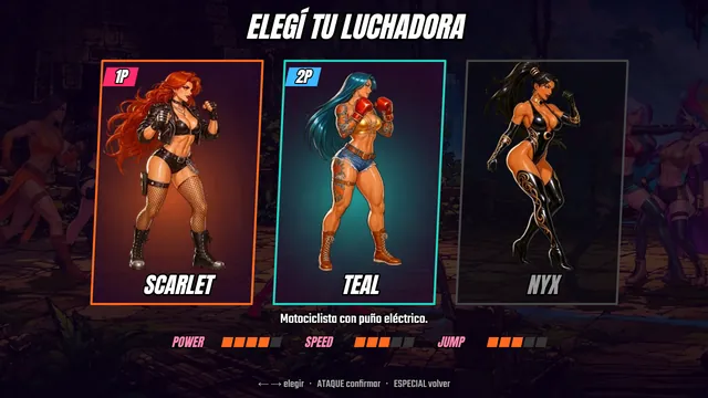 Captura del juego: pantalla ELEGÍ TU LUCHADORA con Scarlet (1P), Teal (2P) y Nyx, con sus barras de POWER, SPEED y JUMP.