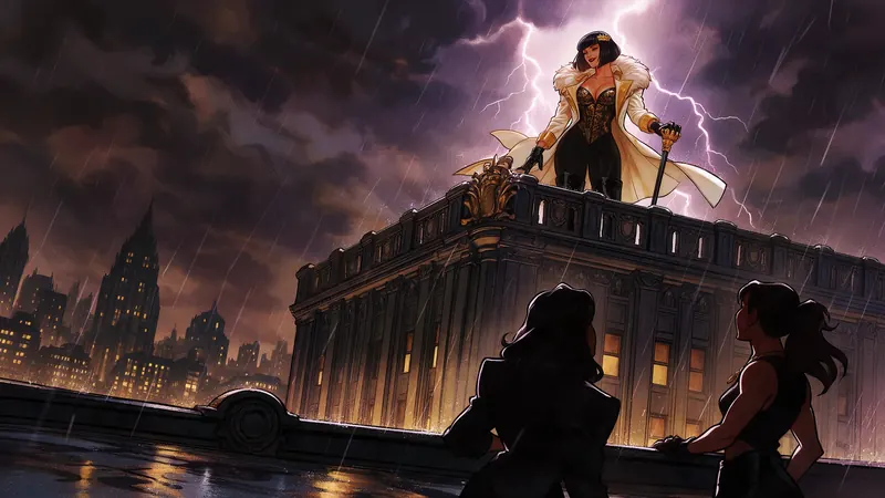 La Reina en la cornisa de un edificio, bajo los rayos de una tormenta.