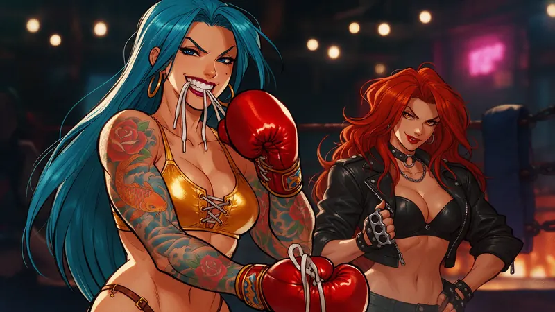Teal se ata los guantes con los dientes al lado de Scarlet.