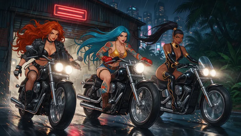 Scarlet, Teal y Nyx salen del garaje en tres motos bajo la lluvia de neón.